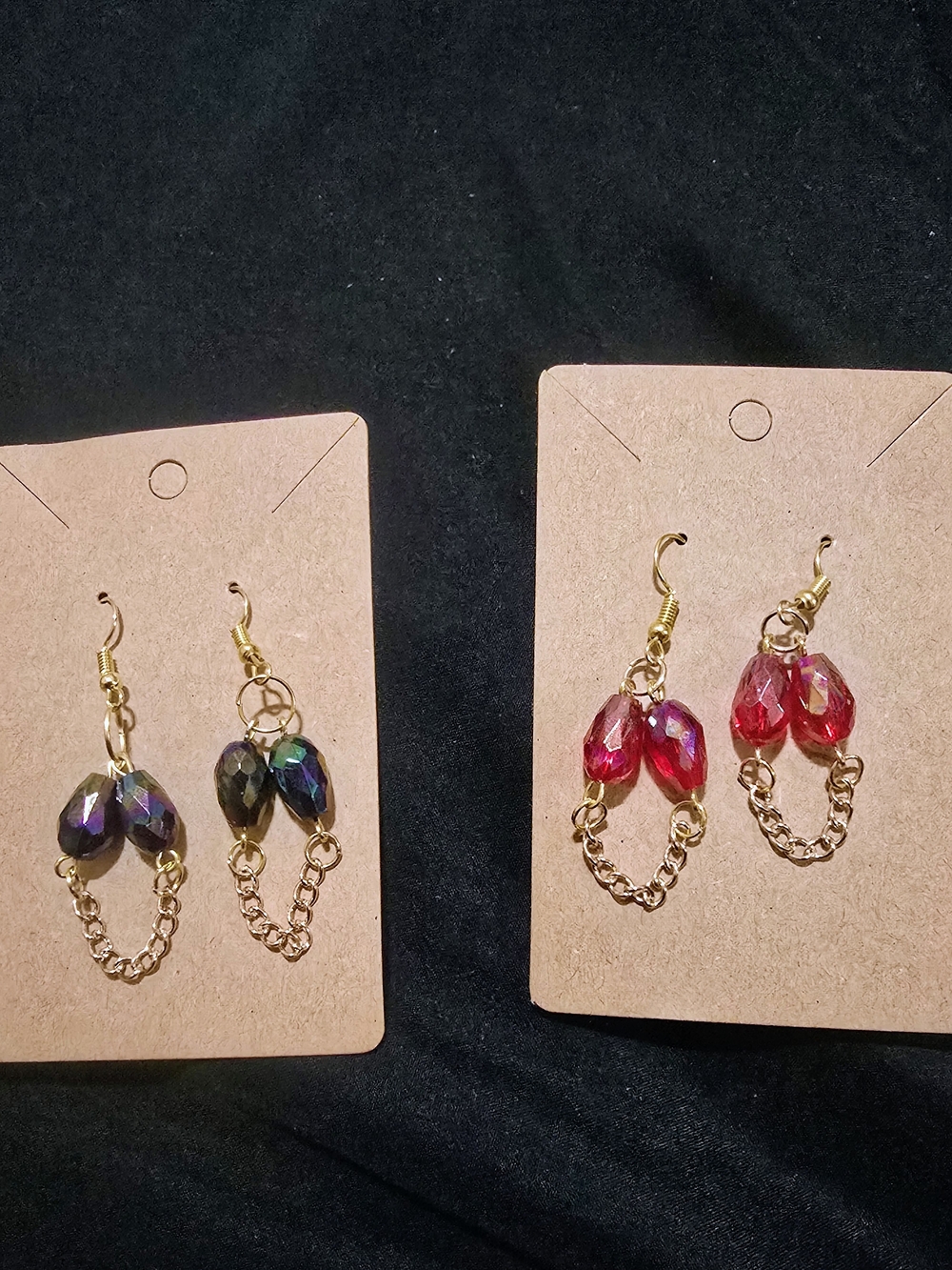 2 PC Set BUNDLE Gold Chain Drop Earrings with Iridescent and Red Beads